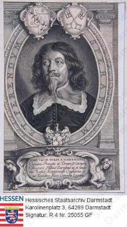 Wolff von und zur Todenwarth, Johann Jakob (1585-1657) / Porträt, Brustbild in Medaillon mit 3 Wappenmedaillons und lateinischer Sockelinschrift und Umschrift