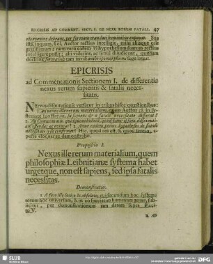 Epicrisis ad Commenationis Sectionem I. de differentia nexus rerum sapientis & fatalis necessitatis