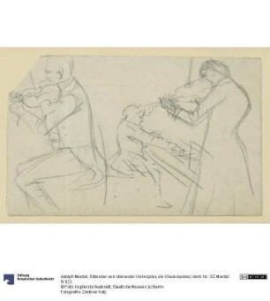 Sitzender und stehender Violinspiler, ein Klavierspieler