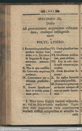 Specimen XI. Dubia Ad generationem aequivocam restituendam, ovulaque infrigenda mota a Polyc. Lysero