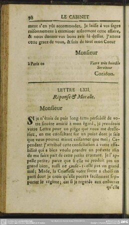 Lettre LXII. Response & Moralle