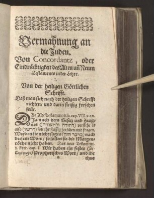 Vermahnung an die Juden. Von Concordantz, oder Eindrächtigkeit ...