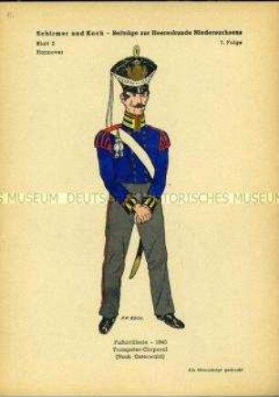 Uniformdarstellung, Trompeter-Korporal der Artillerie zu Fuß, Königreich Hannover, 1840.