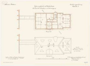 Kadettenhaus der Garnison Potsdam Ergänzungsbauten: Wohnhaus des Chefs der östlichen Kompanie und Verbindungsgang: Grundriss Dachgeschoss, Dachaufsicht 1:100
