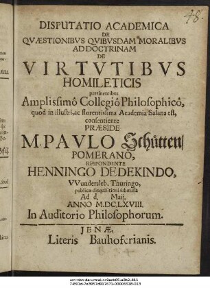 Disputatio Academica De Quaestionibus Quibusdam Moralibus Ad Doctrinam De Virtutibus Homileticis