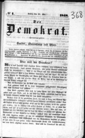 Der Demokrat. N[umer]o 1. (Sammlung Friedlaender)