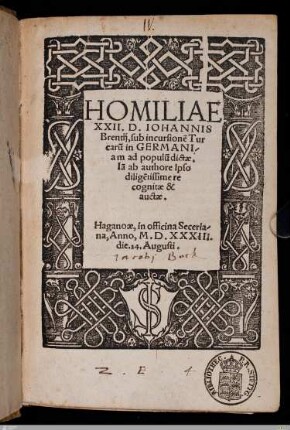 Homiliae XXII. D. Iohannis Brentij, sub incursione[m] Turcaru[m] in Germaniam ad populu[m] dictae