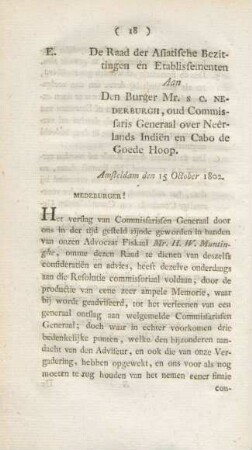 E. De Raad der Asiatische Bezittingen en Etablissementen aan den Burger Mr. S C. Nederburgh, ...