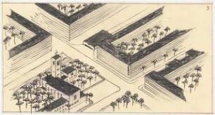 Kirche, Berlin-Zehlendorf Projekt I: Perspektivische Ansicht (Vogelschau) mit umliegender Bebauung (wie Inv.Nr. 9196, veränderter Blickpunkt)