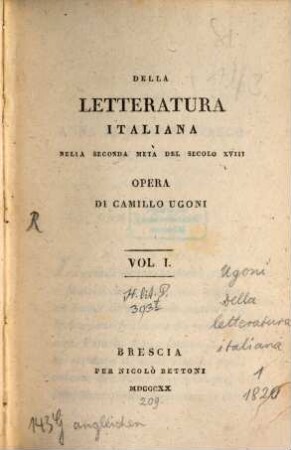 Della letteratura Italiana nella secondo metà del secolo XVIII : Opera. 1