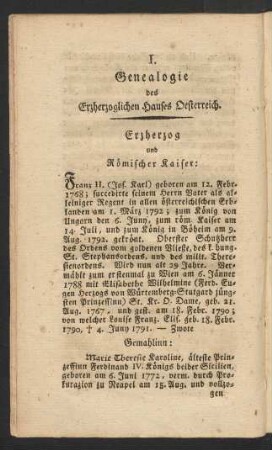 I. Genealogie des Erzherzoglichen Hauses Oesterreich