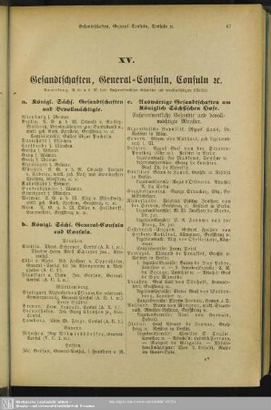 XV. Gesandtschaften, General-Consuln, Consuln etc.