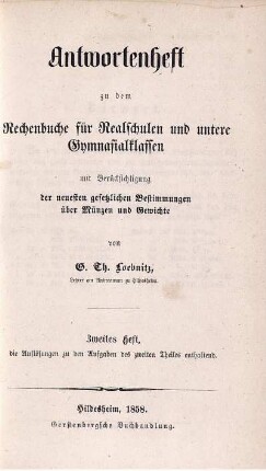 Antwortenheft 2: Rechenbuch für Realschulen und untere Gymnasialklassen. Zweites Heft