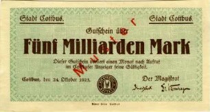 Cottbus, Stadt: 5 Milliarden Mark 1923