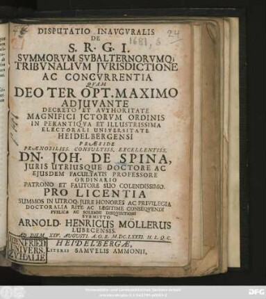 Disputatio Inauguralis De S. R. G. I. Summorum Subalternorumq[ue] Tribunalium Iurisdictione Ac Concurrentia