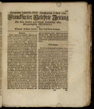 No. XXXI. Dienstags den 16. April 1737 - No. XL. Freytags den 17. May 1737
