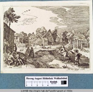 Dorflandschaft, mit Wirtshaus und Dorfstraße.