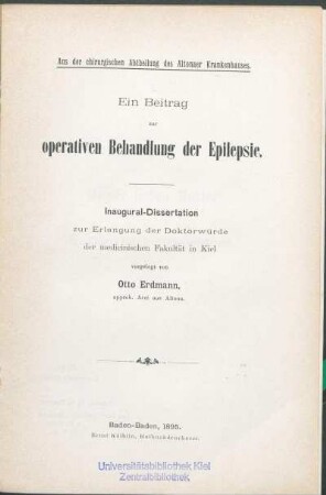 Ein Beitrag zur operativen Behandlung der Epilepsie