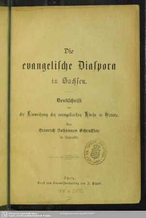 Die evangelische Diaspora in Sachsen : Denkschrift an die Einweihung der evangelischen Kirche in Ostritz