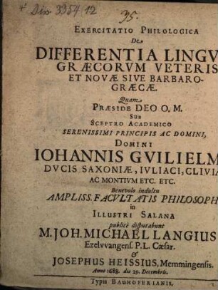 Exercitatio philol. de differentia linguae Graecorum veteris et novae sive barbaro-graecae