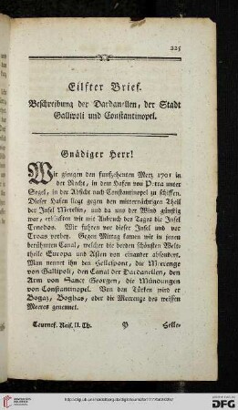 Eilfter Brief: Beschreibung der Dardanellen, der Stadt Gallipoli und Constantinopel