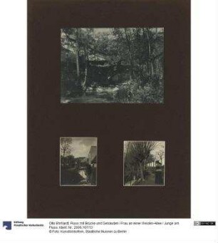 Fluss mit Brücke und Gebäuden / Frau an einer Weiden-Allee / Junge am Fluss