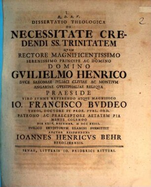 Diss. theol. de necessitate credendi ss. trinitatem
