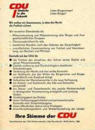 Flugblatt des CDU-Parteivorstandes Berlin mit Programmschwerpunkt Staatswesen