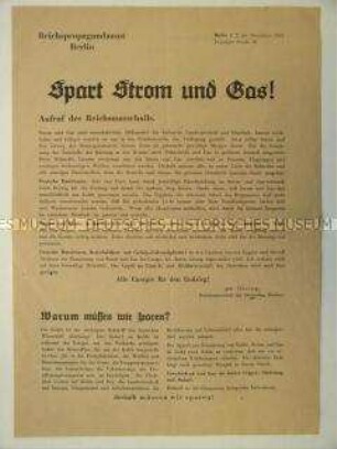 Aufruf des Reichspropagandaamtes zum sparsamen Umgang mit Strom und Gas