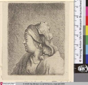 [Brustbild einer jungen Frau im Profil nach links; Bust of a young woman in profile to the left]
