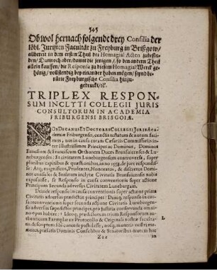 Triplex Responsum Inclyti Collegii Iuris Consultorum In Academia Friburgensi Brisgoiae