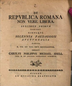 De republica romana non mere libera specimen I.