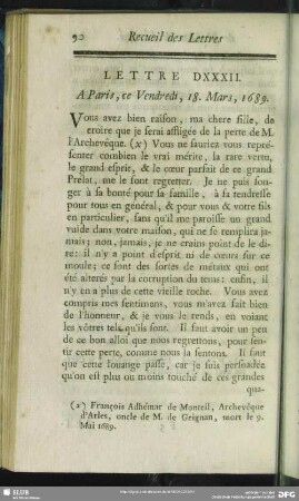 Lettre DXXXII. A Paris, ce Vendredi, 18. Mars, 1689