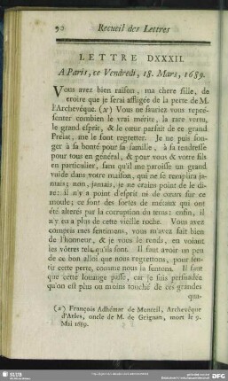Lettre DXXXII. A Paris, ce Vendredi, 18. Mars, 1689