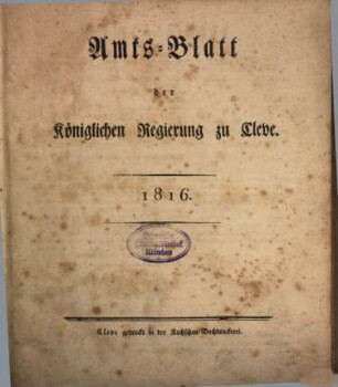 Amtsblatt der Königlichen Regierung zu Cleve. 1816