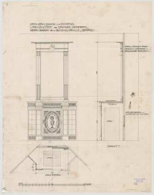 Thiersch, Friedrich von; Glonn (Obb.); Schloss Zinneberg - Altes Schloss - Ofenverkleidung u. Eckspiegel im Fremdenzimmer (Grundriss, Ansicht, Schnitt)
