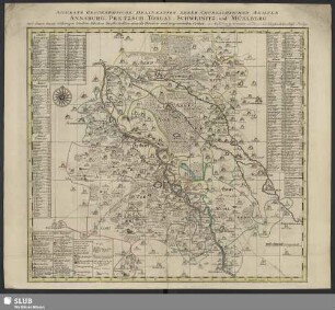 Accurate Geographische Delineation Derer Chursächsischen Ammter Annaburg, Pretzsch, Torgau, Schweinitz, und Mühlberg : mit denen darzu Gehörigen Städten, Flecken, Dorffschafften, einzeln Häusern, und angrenzenden Orthen
