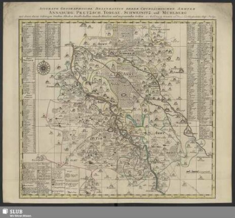 Accurate Geographische Delineation Derer Chursächsischen Ammter Annaburg, Pretzsch, Torgau, Schweinitz, und Mühlberg : mit denen darzu Gehörigen Städten, Flecken, Dorffschafften, einzeln Häusern, und angrenzenden Orthen