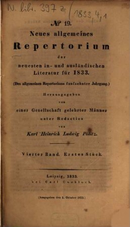 Neues allgemeines Repertorium der neuesten in- und ausländischen Literatur, 1833,4, Stück 1 - 3 = Nr. 19 - 21