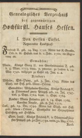 Genealogisches Verzeichniß des gegenwärtigen Hochfürstl. Hauses Hessen
