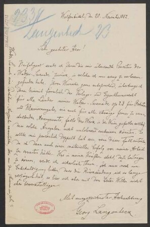 Brief an Ludwig Strecker  und B. Schott's Söhne : 20.11.1882
