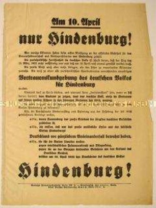 Programmatisches Wahlflugblatt zur Unterstützung Hindenburgs im zweiten Wahlgang der Reichspräsidentenwahl 1932