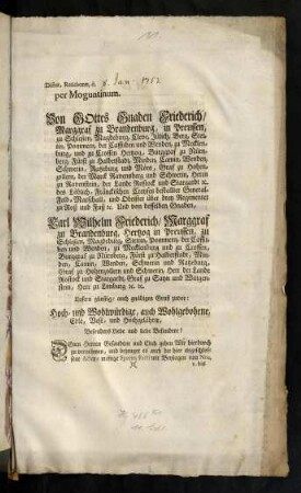 1r-2v, Von Gottes Gnaden, Friederich, Marggraf zu Brandenburg, ...