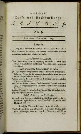 Leipziger Kunst- und Buchhandlungs-Zeitung. No. 5. Den 19ten November 1789.