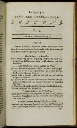 Leipziger Kunst- und Buchhandlungs-Zeitung. No. 5. Den 19ten November 1789.