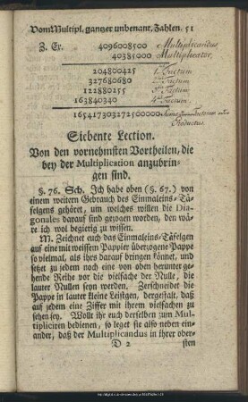 Siebente Lection. Von der vornehmsten Vortheilen, die bey der Multiplication anzubringen sind