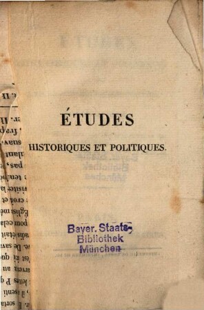 Etudes historiques et politiques sur asemblées representatives