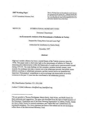 An Econometric Analysis of the Determinants of Inflation in Turkey