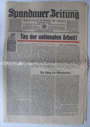 Tageszeitung "Spandauer Zeitung" zum 1. Mai als "Tag der nationalen Arbeit"