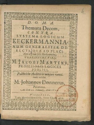 Themata Decem, Contra Systema Logicum Keckermannianum Generaliter Directa